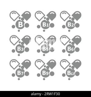 Capsules de vecteur de complexe de vitamine B. Icônes de vitamines B1, b6, b12. Illustration de Vecteur