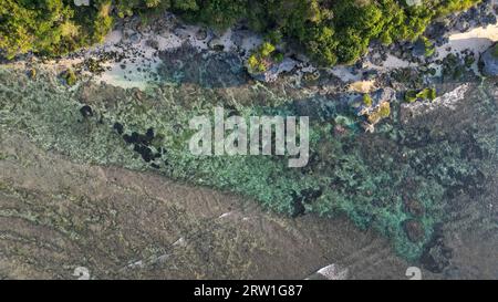 Vue aérienne de haut en bas de l'eau cristalline avec, vagues s'écrasant Banque D'Images