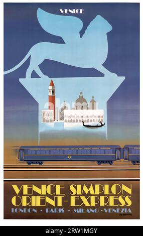 Affiche de train Vintage Venise Simplon Orient Express, Londres, Paris, Milan et Venise Banque D'Images