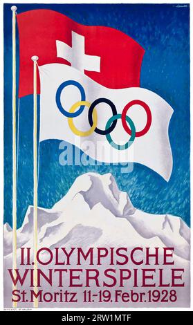 Affiche des Jeux olympiques d'hiver de St Moritz 1928 avec drapeaux suisses et olympiques Banque D'Images