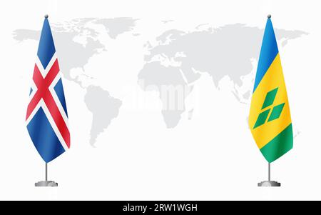 L'Islande et Saint-Vincent-et-les Grenadines drapeaux pour la réunion officielle sur fond de carte du monde. Illustration de Vecteur