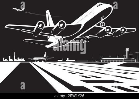 Avion de passagers décollant de l'aéroport par la nuit - illustration vectorielle Illustration de Vecteur