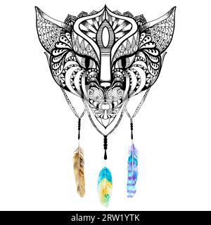 Illustration de graphiques dessinés à la main, tatouage de chat. Banque D'Images