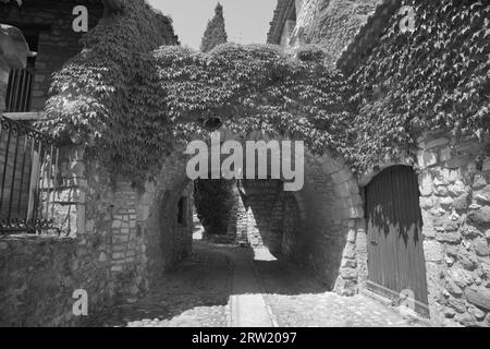 Passage souterrain envahi de plantes dans une vieille ville appelée aiguèze, Noir et blanc. Banque D'Images