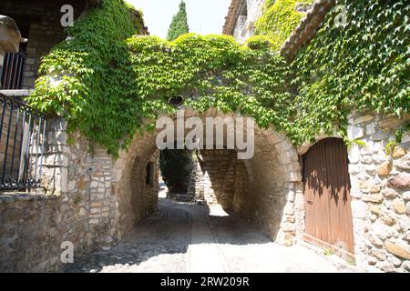 passage souterrain envahi de plantes dans une vieille ville appelée aiguèze Banque D'Images