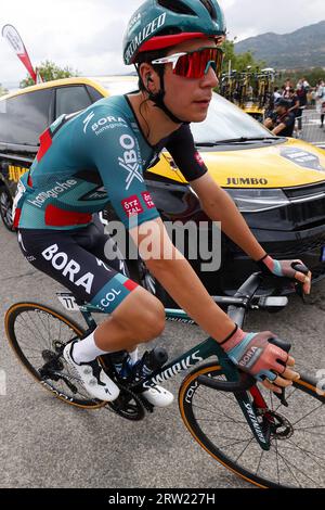 Pola de Allande, Espagne. 16 septembre 2023. Le Belge Cian Uijtdebroeks de Bora-Hansgrohe photographié au départ de l'étape 20 de l'édition 2023 de la Vuelta a Espana, de Manzanares El Real à Guadarrama (207, 8 km), en Espagne, samedi 16 septembre 2023. La Vuelta se déroule du 26 août au 17 septembre. BELGA PHOTO PEP DALMAU crédit : Belga News Agency/Alamy Live News Banque D'Images