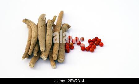 Ashwagandha racine sèche herbe médicinale avec des feuilles fraîches, également connu sous le nom de Withania Somnifera, Ashwagandha, Ginseng indien, baies de poison, ou Che d'hiver Banque D'Images