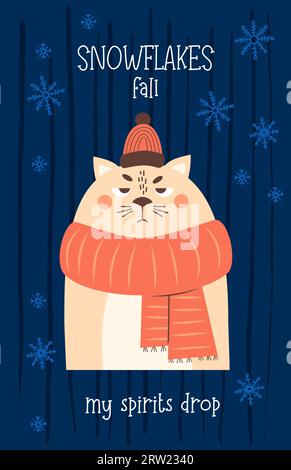 Drôle carte postale cool. Triste personnage de chat d'hiver en écharpe tricotée et chapeau. Illustration verticale vectorielle. Nouvel an et design de Noël, carte de vacances, déc Illustration de Vecteur