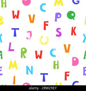 Doodle lettres de l'alphabet anglais majuscules ludiques modèle sans couture, abc dessin animé coloré illustration vectorielle drôle de style, lettres de police manuscrites multicolores, symboles, papier cadeau tendance mignon Illustration de Vecteur