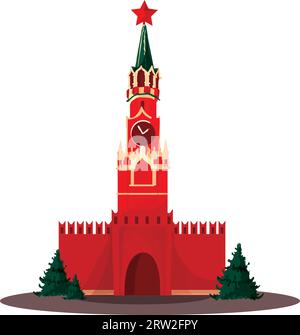 Dessin plat coloré détaillé de la TOUR SPASSKAYA DU KREMLIN, MOSCOU Illustration de Vecteur