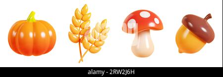 Éléments de récolte d'automne dans le jeu d'illustrations de rendu 3D. Banque D'Images