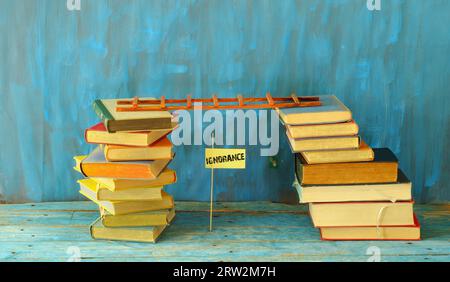 Combattre l'ingnorance, l'éducation, l'apprentissage, la connaissance, la lutte contre les fausses nouvelles, le concept de retour à l'école avec l'échelle de succès et des piles de livres Banque D'Images