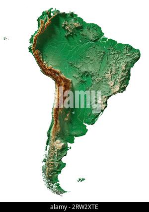 Le continent de l'Amérique du Sud. Un rendu 3D détaillé d'une carte en relief ombré avec des rivières et des lacs. Coloré par l'altitude. Fond blanc pur. Banque D'Images
