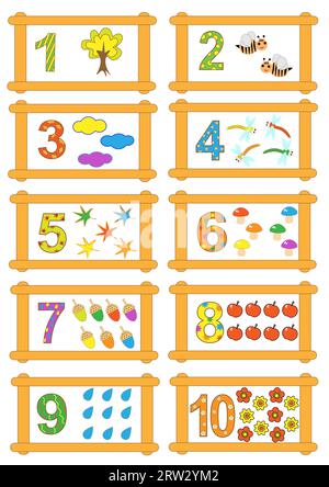 Ensemble de nombres mathématiques colorés pour le vecteur de comptage des éléments d'automne des enfants Illustration de Vecteur