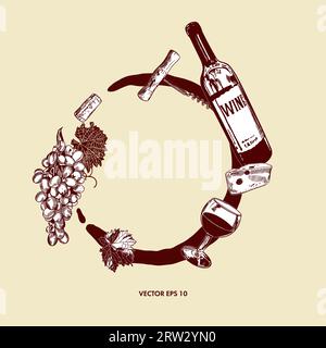 Bouteille et verre de vin rouge, vigne, tire-bouchon, fromage. Illustration vectorielle d'une couronne de thème de vin. Menus, cartes des vins, étiquettes, bannières, flyers. Illustration de Vecteur