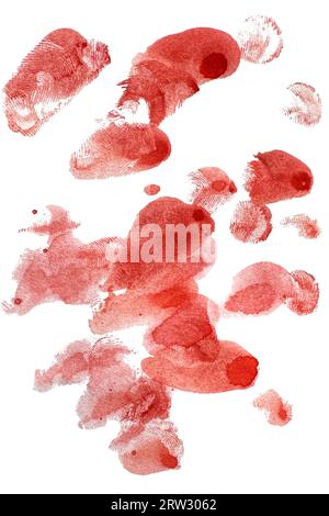 Éclaboussures de sang d'aquarelle peinte isolé sur blanc pour la conception d'halloween. Illustration rouge goutte de sang goutte à goutte. Gouttes rouges sanguines. Halloween sanglante. Banque D'Images