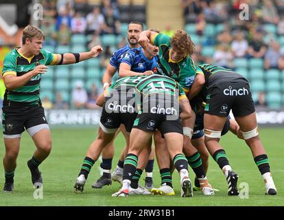 Northampton ANGLETERRE - 16 2023 septembre : Theo Vukasinovic de Northampton Saints ( milieu ) lors du match entre Northampton Saints et Cambridge Rugby au Cinch Stadium Franklinn’s Gardens. Northampton Banque D'Images