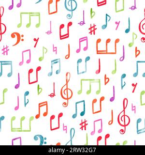 Motif de notes de musique colorées sans couture. Fond d'aquarelle musicale. Illustration de Vecteur