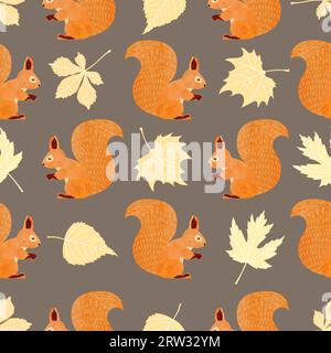 Motif vectoriel sans couture avec des écureuils et des feuilles d'automne. Illustration de Vecteur