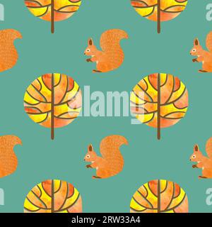 Modèle d'automne sans couture avec des écureuils aquarelles et des arbres. Vector Fall background Illustration de Vecteur