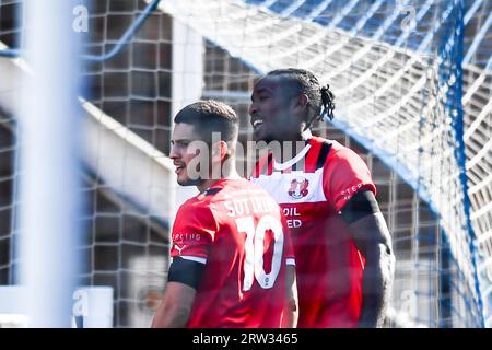 Peterborough, Royaume-Uni. 16 septembre 2023. Omar Beckles (19 Leyton Orient) célèbre après avoir marqué le premier but de l'équipe lors du match Sky Bet League 1 entre Peterborough et Leyton Orient à London Road, Peterborough, le samedi 16 septembre 2023. (Photo : Kevin Hodgson | MI News) crédit : MI News & Sport / Alamy Live News Banque D'Images