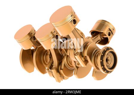 Pistons et crémaillère du moteur V6 doré, rendu 3D isolé sur fond blanc Banque D'Images