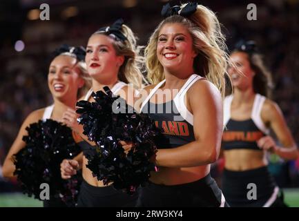 COLLEGE PARK, MARYLAND, USA - 15 SEPTEMBRE : les cheerleaders du Maryland traversent le terrain après un touchdown lors d'un match de football universitaire entre les Terrapins du Maryland et les cavaliers de Virginie le 15 septembre 2023, au SECU Stadium de College Park, Maryland. (Photo de Tony Quinn-Alamy Live News) Banque D'Images