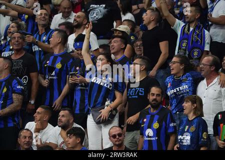 Milan, Italie. 16 septembre 2023. Supporters du FC Internazionale lors du championnat italien Serie Un match de football entre le FC Internazionale et l'AC Milan le 16 septembre 2023 au stade Giuseppe Meazza de Milan, Italie - photo Morgese-Rossini/DPPI crédit : DPPI Media/Alamy Live News Banque D'Images