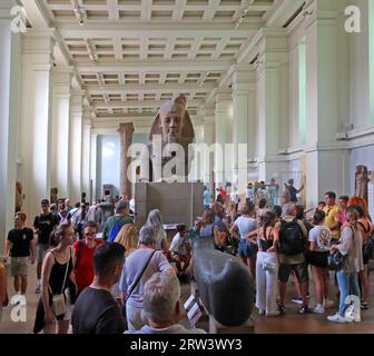 Touristes dans les chambres de l'Egypte ancienne, tête colossale de granit du roi Amenhotep III, British Museum, Great Russell St, Bloomsbury, Londres, Angleterre, ROYAUME-UNI Banque D'Images