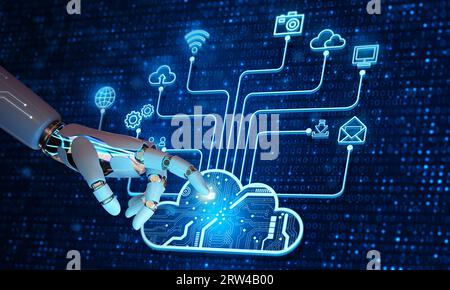 Ai robot pointage main réseau de stockage Internet de technologie de Cloud computing. Informations de données sur le cloud pour sauvegarder les données Internet de stockage avec IA Banque D'Images