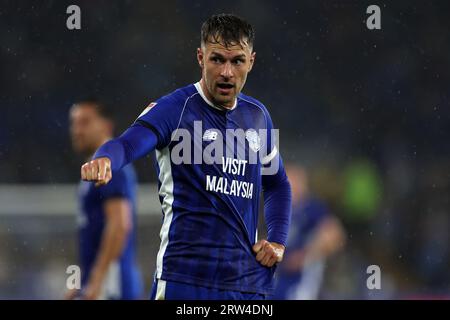 Aaron Ramsey de Cardiff City réagit. Match de championnat EFL Skybet, Cardiff City contre Swansea City au Cardiff City Stadium à Cardiff, pays de Galles, le samedi 16 septembre 2023. Cette image ne peut être utilisée qu'à des fins éditoriales. À usage éditorial uniquement, photo d'Andrew Orchard/Andrew Orchard photographie sportive/Alamy Live news Banque D'Images