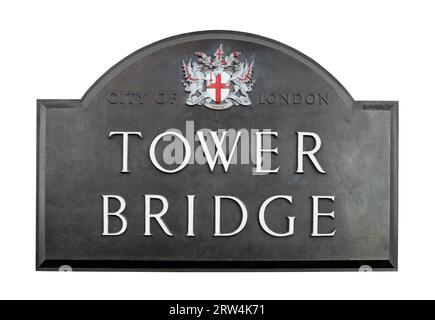 Plaque sur Tower Bridge, Londres, Angleterre. Isolé sur blanc Banque D'Images