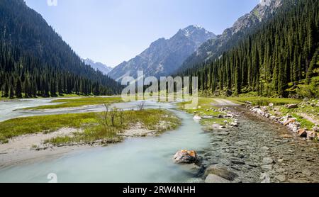 Confluence de rivières pures et boueuses sur la route de montagne dans le ravin de Karakol, Tien Shan, Kirghizistan Banque D'Images