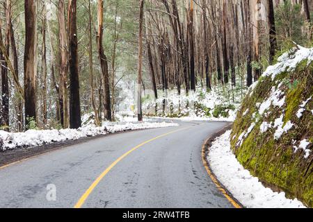 La route de Lake Mountain dans le parc national des Yarra Ranges après un talus de neige à Victoria, en Australie Banque D'Images