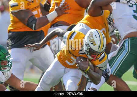 Le 16 SEPTEMBRE 2023 : le coureur arrière de Southern Miss Golden Eagles Frank Gore Jr. (3 ans) tisse la ligne lors d'un match de football universitaire entre la Tulane Green Wave et les Southern Miss Golden Eagles au M.M. Roberts Stadium à Hattiesburg, Mississippi. Bobby McDuffie/CSM Banque D'Images