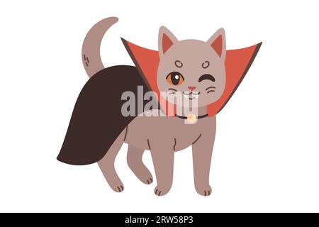 Chat Halloween. Chaton gris en costume de vampire. Joyeuse illustration de costume d'halloween. Illustration de Vecteur