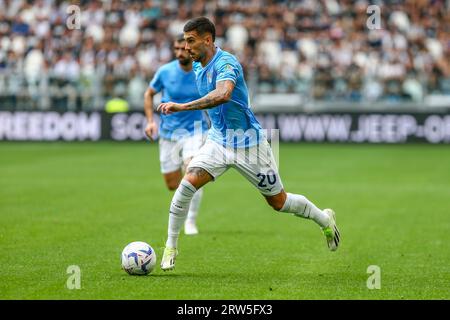 Mattia Zaccagni lors du match entre la Juventus FC et la SS Lazio le 16 septembre 2023 au stade Allianz de Turin en Italie. Banque D'Images