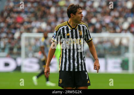 Federico Chiesa lors du match entre la Juventus FC et le SS Lazio le 16 septembre 2023 au stade Allianz de Turin, en Italie. Banque D'Images