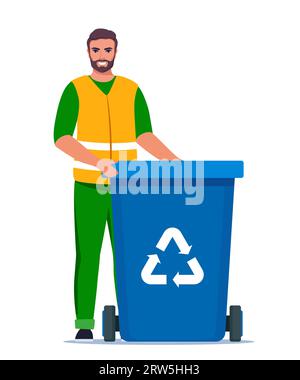 Poubelle en uniforme avec poubelle bleue et symbole de recyclage dessus. Tri des ordures. Zéro déchet, concept de protection de l'environnement. Illustration vectorielle Illustration de Vecteur