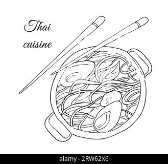 Nouilles aux légumes et œufs, cuisine thaïlandaise. illustration vue de dessus dessinée à la main Banque D'Images