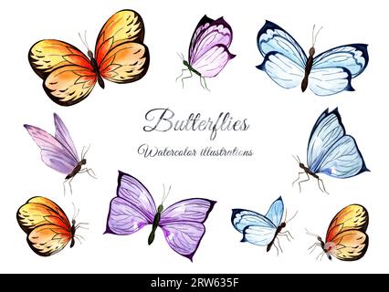 Ensemble de papillons colorés aquarelle isolé sur fond blanc. Illustration réaliste d'été Banque D'Images