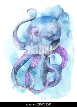 Illustration à l'aquarelle d'une pieuvre. animaux sous-marins de l'océan Banque D'Images