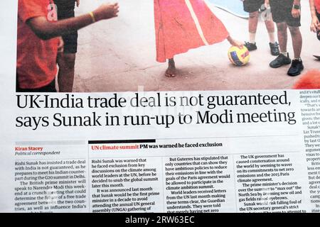 "L'accord commercial entre le Royaume-Uni et l'Inde n'est pas garanti, dit Sunak à l'approche de la réunion de Modi" le journal Guardian a la une du sommet du G20 à Delhi article du 9 septembre Londres Banque D'Images