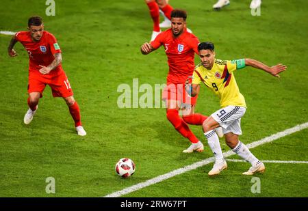 Moscou, Russie – 3 juillet 2018. Les joueurs Kieran Trippier, Kyle Walker et Radamel Falcao lors de la coupe du monde 2018 ronde de 16 match Colombie vs Angleterre Banque D'Images