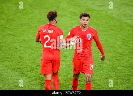 Moscou, Russie – 3 juillet 2018. Les joueurs de l'équipe nationale de football d'Angleterre Kyle Walker et Dele Alli lors de la coupe du monde 2018 ronde de 16 match Colombie vs en Banque D'Images