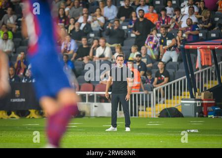 Barcelone, Espagne. 16 septembre 2023. Entraîneur-chef Xavi Hernandez (FC Barcelone)entraîneur-chef Xavi Hernandez (FC Barcelone) lors d'un match de la Liga EA Sports entre le FC Barcelone et le Real Betis Balompie à Estadi Olímpic Lluis Companys, à Barcelone, Espagne le 16 septembre 2023. (Photo/Felipe Mondino) crédit : CORDON PRESSE/Alamy Live News Banque D'Images