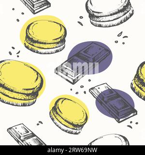 Menu de café ou restaurant avec desserts et bonbons. Barres chocolatées et biscuits, macarons et ingrédients naturels repas. Motif sans couture, papier peint p Illustration de Vecteur