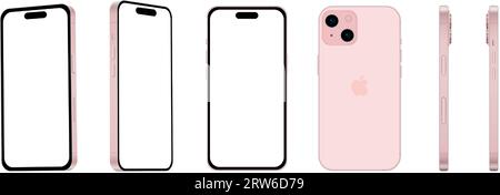 Set de 6 pièces sous différents angles, smartphone Apple iPhone 15 rose, modèle, nouveau dans l'industrie INFORMATIQUE, maquette pour la conception web sur un fond blanc - V. Illustration de Vecteur