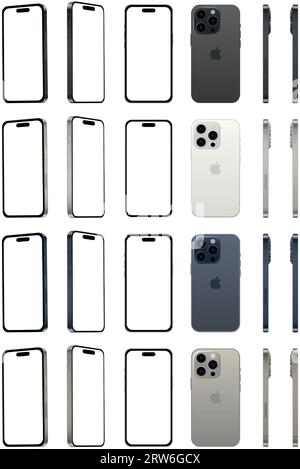 Nouveau Apple iPhone 15 PRO, gadget smartphone moderne, ensemble de 4 pièces dans de nouvelles couleurs originales - illustration vectorielle Illustration de Vecteur