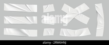 Morceaux de ruban transparent. Autocollants en papier. Rubans d'étiquettes blanches, étiquette de note avec effet collant, collection de patch déchiré adhésif 3D. Bande de masquage isolée Illustration de Vecteur